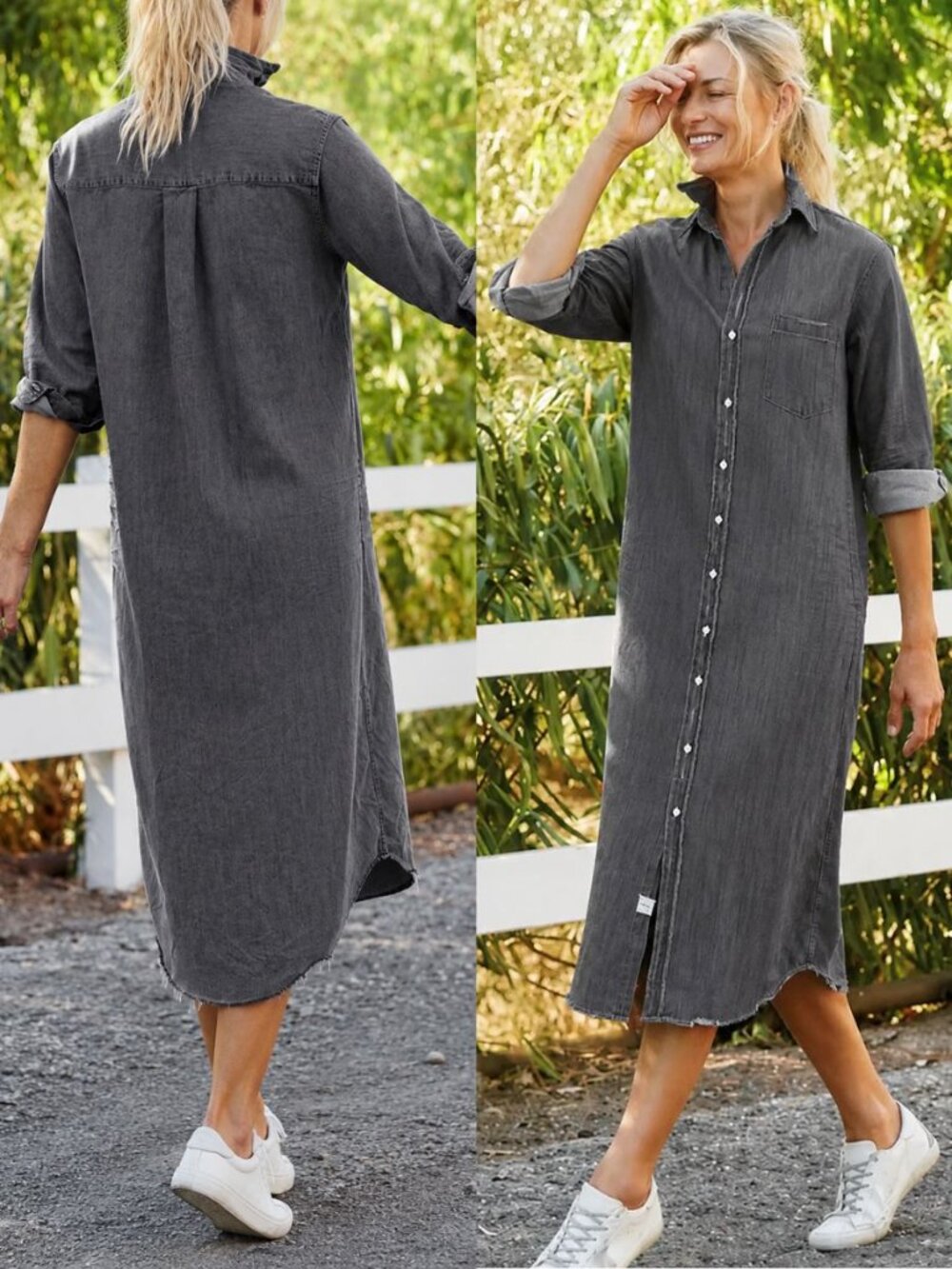 Frank & Eileen Rory Dress Grey Washed Black Famous Denim Maxi Shirtdress Size XS
